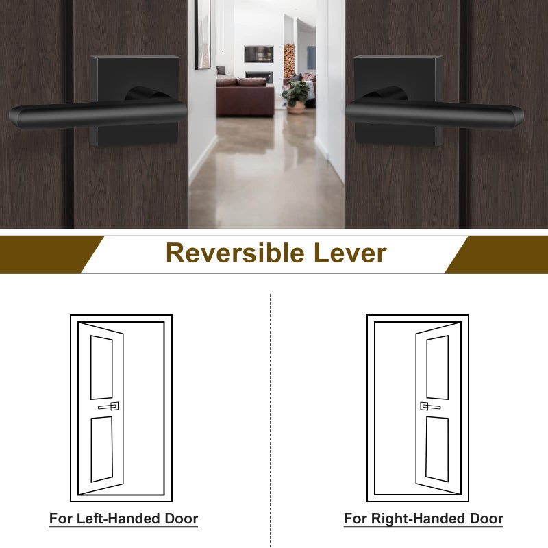 HOSOM 3 Pack Black Door Handle Interior Passage Door Lever for Hall and Closet Heavy Duty Reversible Door Handles Knob with Square Plate Left or Right Handing No Locking Matte Black - Image 5